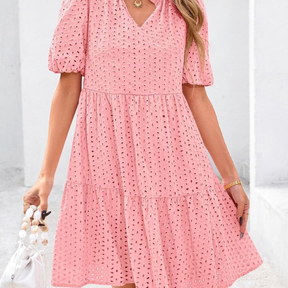 Eyelet Summer Dresses for Women 2025 Mini Casual Hollow Out Short Sleeve Lace Ti - Picture 7 of 8